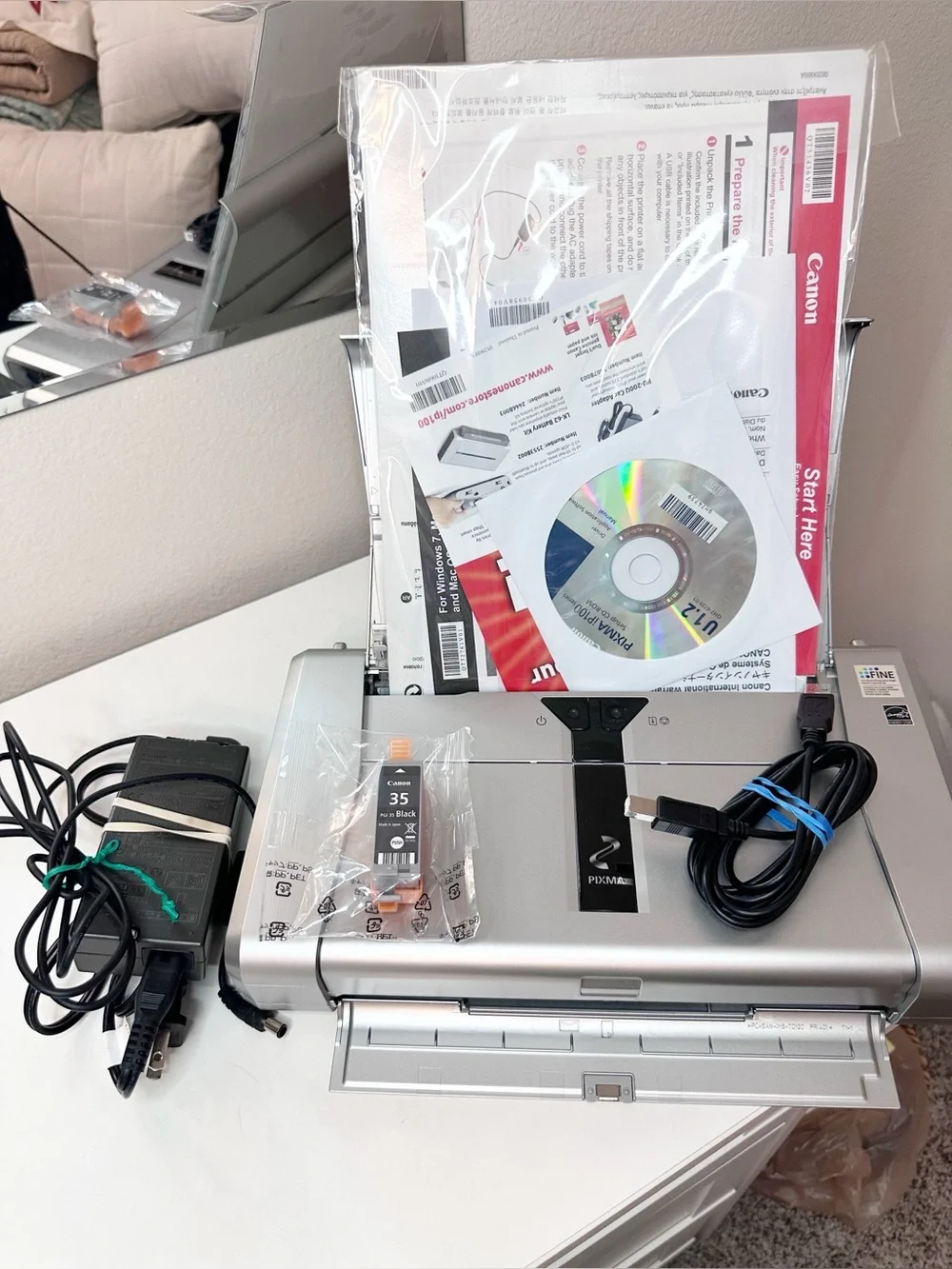 Canon PIXMA iP100 Mobile Inkjet Color and Black Printer with Power Cords